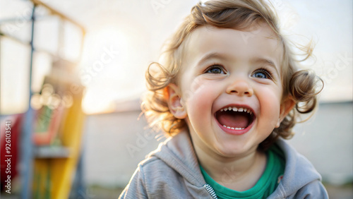 Close-up of a joyfully laughing child with bright eyes and wide smile, soft sunlight on face, blurred playground background, vibrant colors, capturing pure happiness