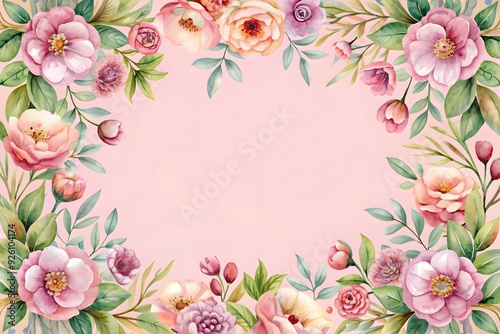 Watercolor Floral Frame with Rose Flowers in peach and pink colors. Hand drawn square Template for wedding invitation or greeting cards. illustration on isolated background. Botanical vintage Border.
