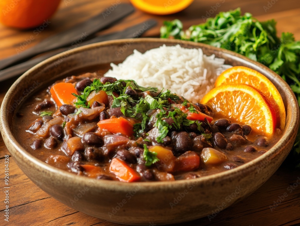 A delicious bowl of black bean stew served with rice and garnished with fresh herbs and orange slices. A delicious bowl of black bean stew served with rice and garnished with fresh herbs and orange slices.