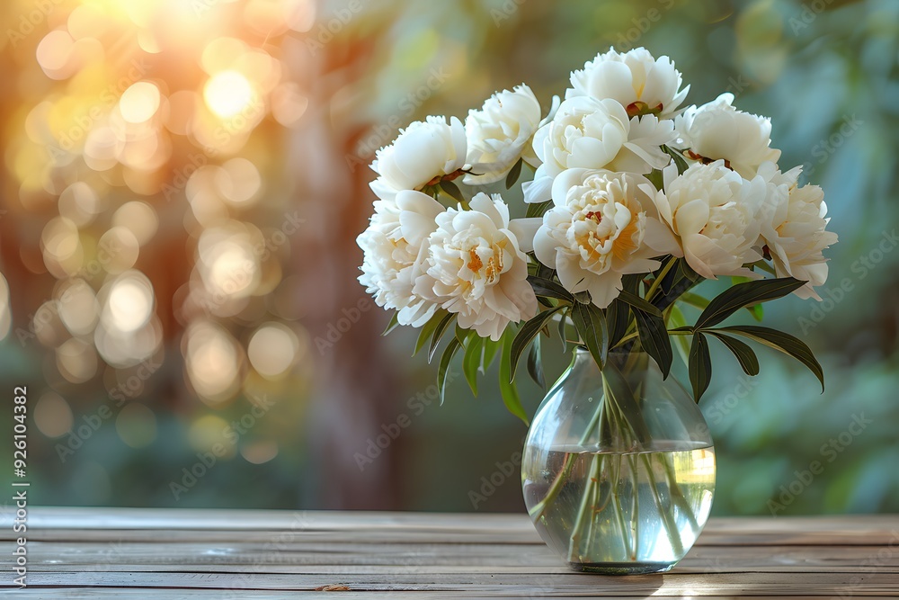 Serene Summer Morning Bouquet of White Peonies in a Glass Vase on Wooden Table with Soft Sunlight