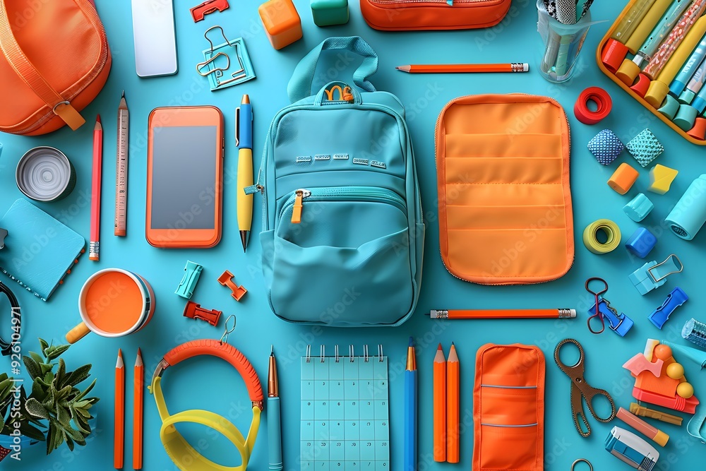 Vibrant Back-to-School Supplies Layout - Backpack, Stationery, and Tech Vibrant Back-to-School Supplies Layout - Backpack, Stationery, and Tech