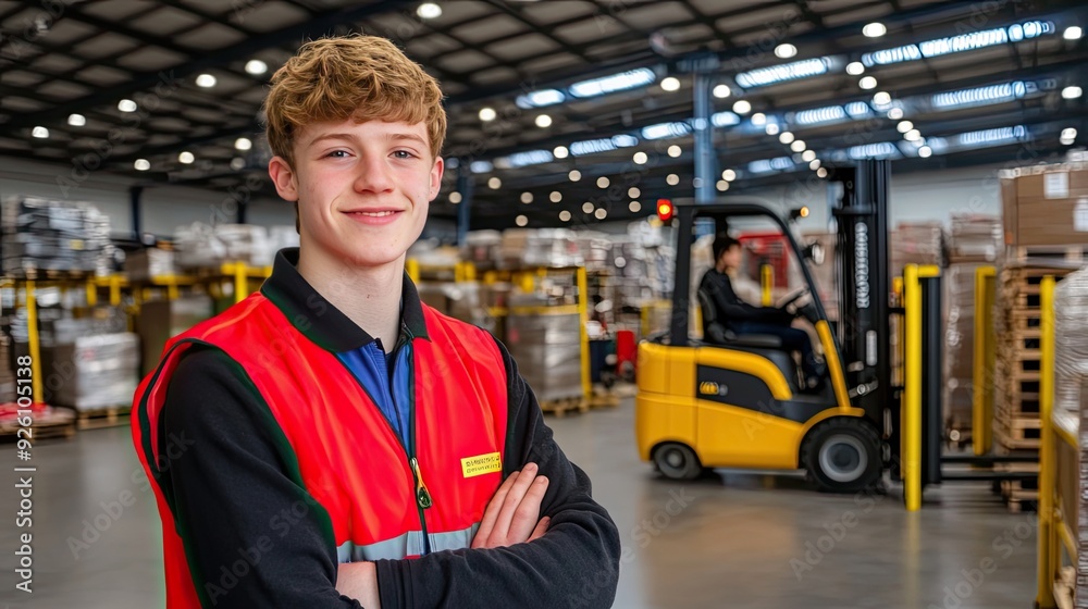 A young worker in bright orange and black attire smiles while standing beside a forklift in a lively warehouse filled with stacked goods. A young worker in bright orange and black attire smiles while standing beside a forklift in a lively warehouse filled with stacked goods.