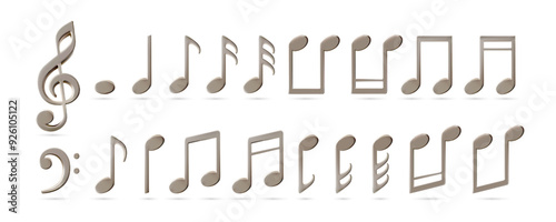 Music sheet elements for melody recording. Treble bass clef and notes icons. Metal decoration for music festival poster. Jazz orchestra, violin and piano or vocal song concert. Dance party celebration