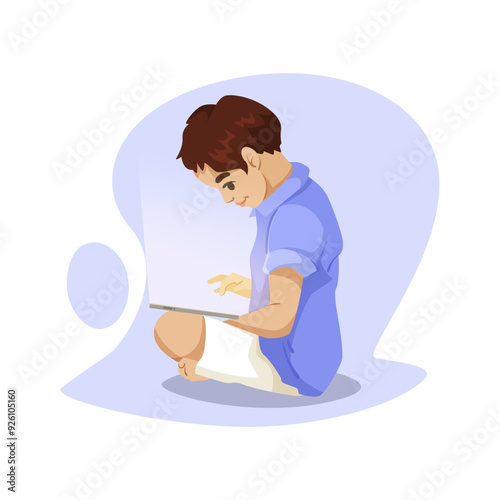 A boy is shown sitting and using a tablet. The graphic style is colorful and smooth. The background is light purple. Concept of children engaging with technology. Vector illustration