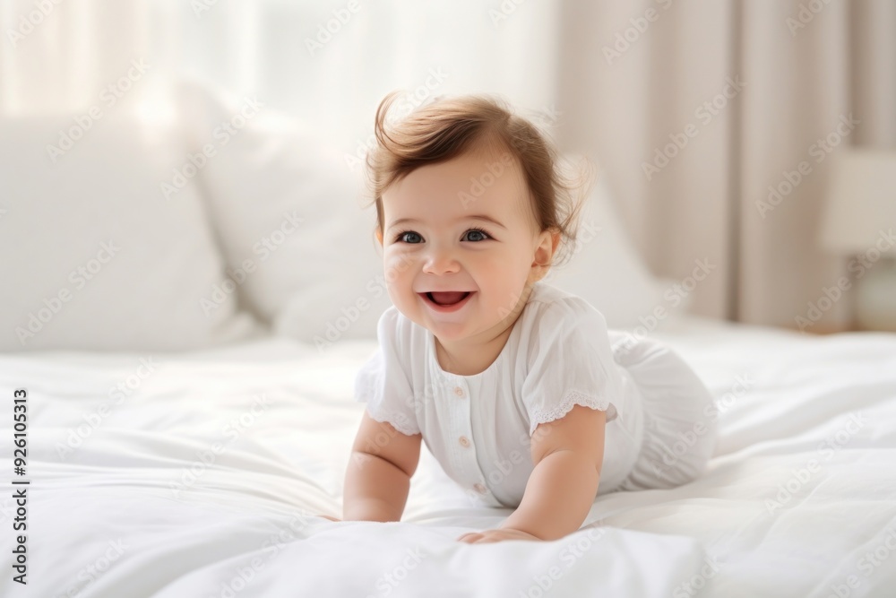 Cute baby girl crawling on bed smiling cute comfortable. Cute baby girl crawling on bed smiling cute comfortable.