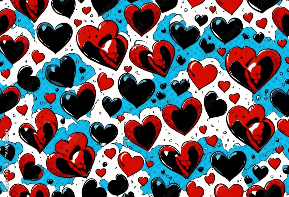 Seamless pattern with red and black hearts on a blue white background Seamless pattern with red and black hearts on a blue white background