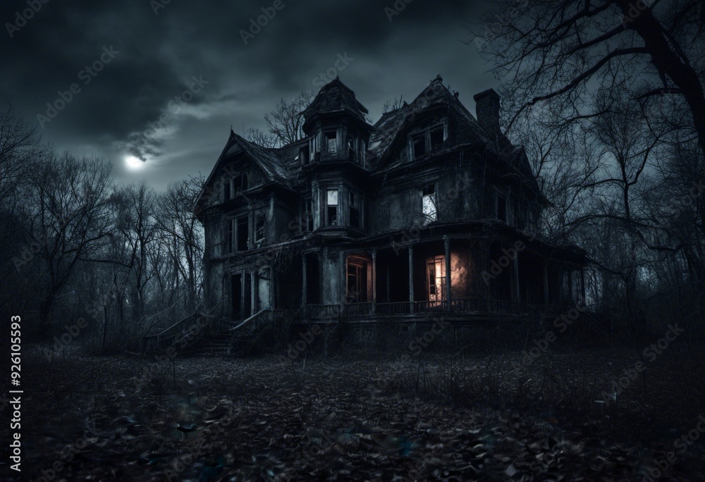 Old abandoned house in a dark forest at night. Halloween concept. Old abandoned house in a dark forest at night. Halloween concept.