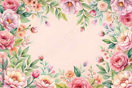Watercolor Floral Frame with Rose Flowers in peach and pink colors. Hand drawn square Template for wedding invitation or greeting cards. illustration on isolated background. Botanical vintage Border.
