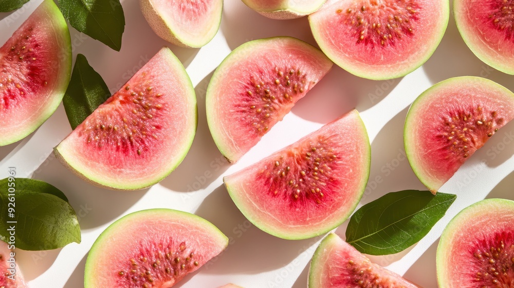 Vibrant Guava Slices on White Background with Minimalist Design Vibrant Guava Slices on White Background with Minimalist Design
