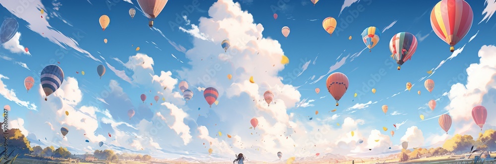 Obraz premium Enchanting Autumn Skies Adventure: A Journey of Colorful Hot Air Balloons Gracefully Rising in the Cool Breeze of Fall, Anime-Style 4K Wallpaper,Happy New Year 2025