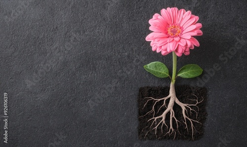 Brain connected to a blooming flower via intricate roots, Organic thought, symbolizing the natural growth of ideas.