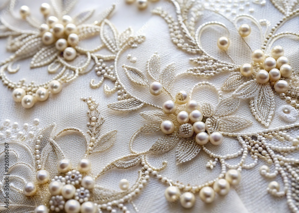 Delicate lace and intricate embroidery pattern on white fabric shimmering with beads ornaments Delicate lace and intricate embroidery pattern on white fabric shimmering with beads ornaments