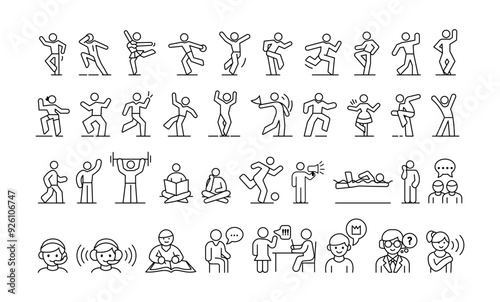 A set of icons depicting various human activities in line style on a white background. The icons illustrate activities like dancing, exercising, reading, and communicating. Vector illustration