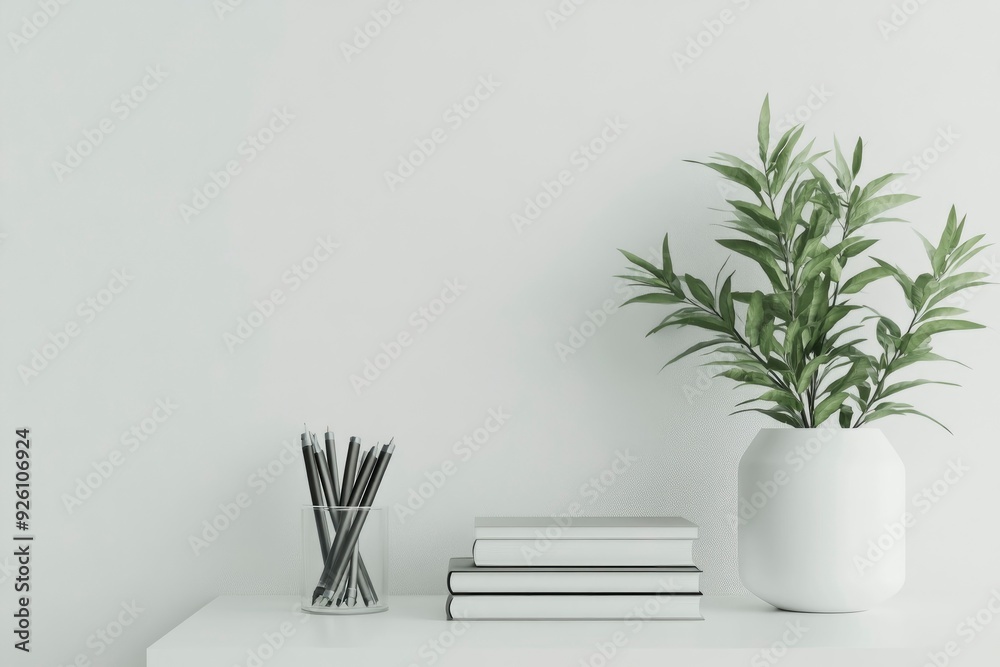 Copy space for displaying your product on a white tabletop with books, pencil stand, and a potted plant in a modern white office room. with generative ai Copy space for displaying your product on a white tabletop with books, pencil stand, and a potted plant in a modern white office room. with generative ai