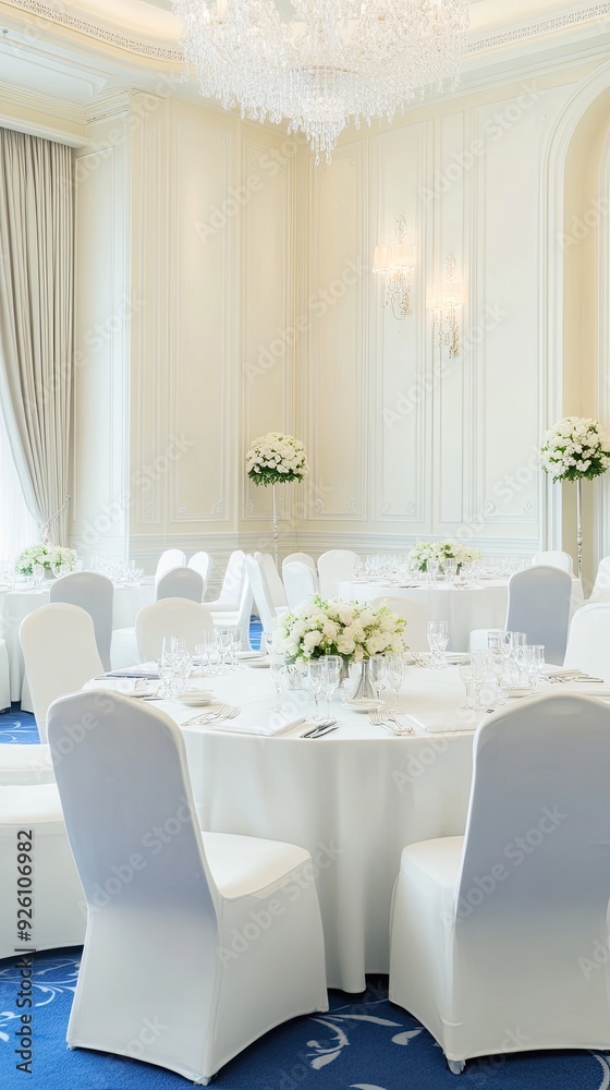 The luxurious banquet hall showcases circular tables with white chairs, crystal chandeliers, and blue carpeting, perfect for an upscale event and modern gatherings The luxurious banquet hall showcases circular tables with white chairs, crystal chandeliers, and blue carpeting, perfect for an upscale event and modern gatherings