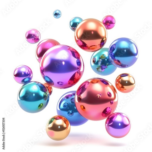 smooth rubber spheres, shiny object bright bouncing on white background