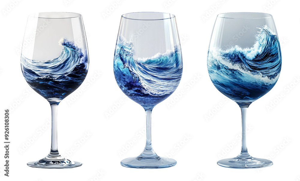 Artistic water-filled wine glasses set isolated on transparent background Artistic water-filled wine glasses set isolated on transparent background