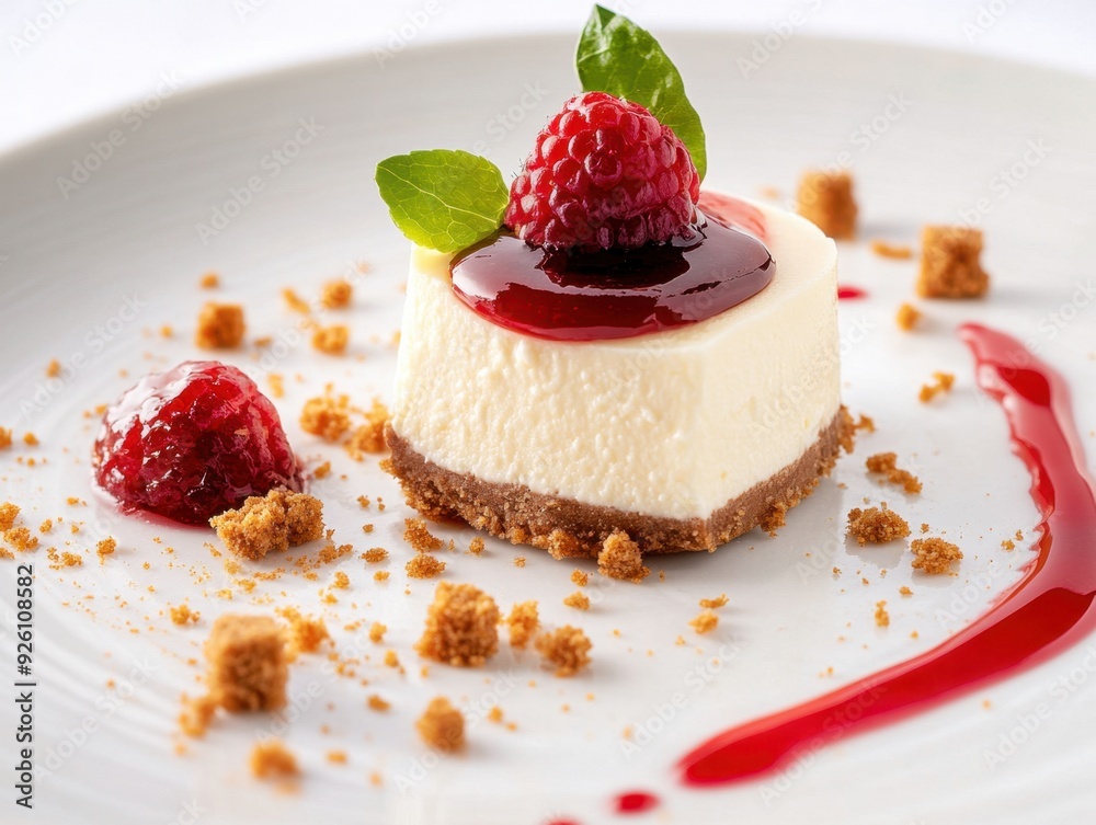 A delicious cheesecake topped with raspberry sauce and garnished with mint leaves. A delicious cheesecake topped with raspberry sauce and garnished with mint leaves.