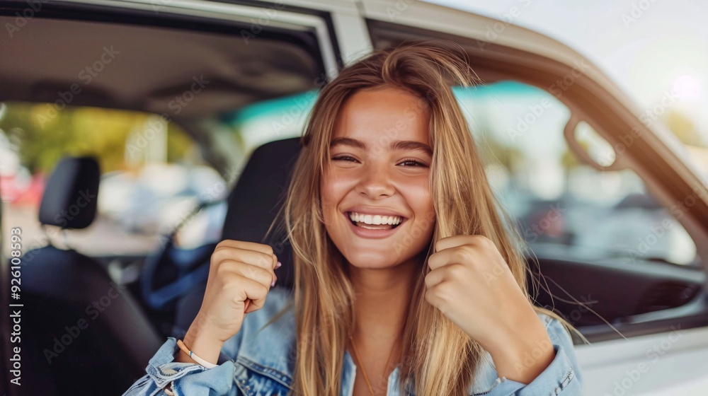 Happy beautiful young woman buying a new car at the car showroom Happy beautiful young woman buying a new car at the car showroom