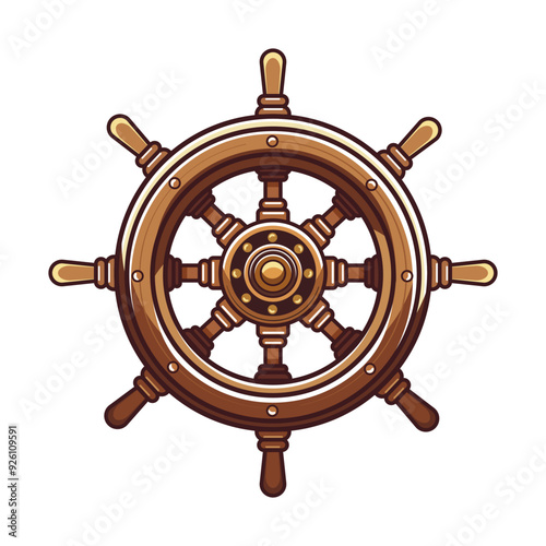 Detailed illustration of a wooden ship steering wheel with multiple handles, depicted on a clean white background, representing maritime navigation and marine concepts. Vector illustration