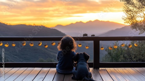 A baby and a small dog sit together on a deck, watching elephants stroll by as the sun sets over the savannah in South Africa