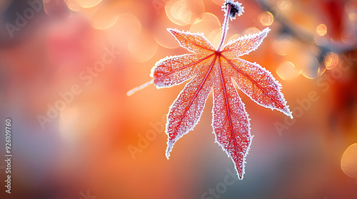 Fototapeta Naklejka Na Ścianę i Meble -  maple leaf covered in frost with a blurred autumn background frost nature cold fall orange red plant season tree leaf foliage color change leaves october november december winter wallpaper background