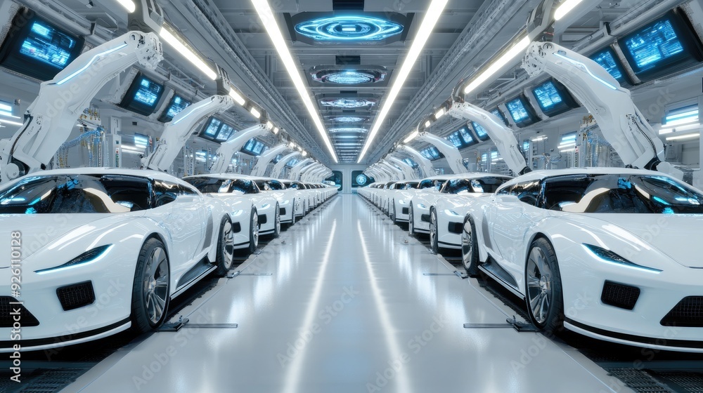 Robotic arms assemble white cars on a modern production line, surrounded by a clean, light blue aesthetic showcasing advanced manufacturing technology