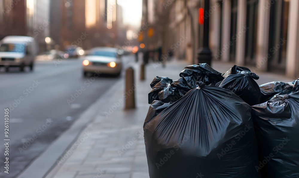 Obraz premium Black garbage bags piled up on a city street, Generative AI