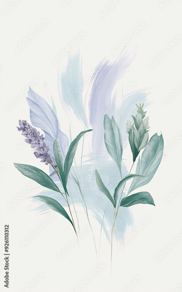A minimalist abstract painting with soft brushstrokes of light blue, lavender, and mint green on a white background A minimalist abstract painting with soft brushstrokes of light blue, lavender, and mint green on a white background