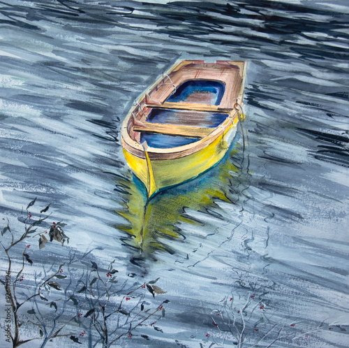 Hand-painted watercolor fishing boat with a reflection on the water. Yellow fishing boat painting. Watercolor seascape.