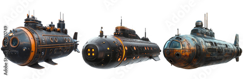Steampunk submarines set isolated on transparent background photo