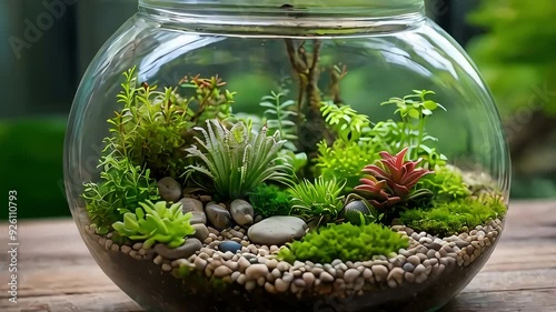 Garden terrarium animation. Small plants and mosses growing in a glass container. Miniature design. photo