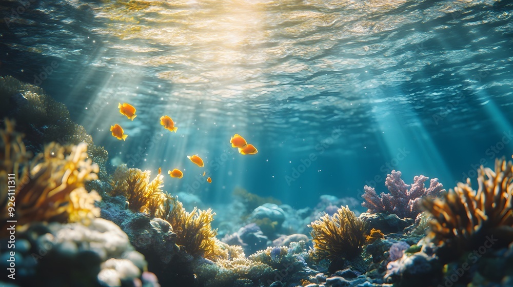 Fototapeta premium 3. A serene underwater scene featuring a coral reef with vibrant marine life and sunlight filtering through the water