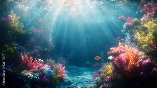 3. A serene underwater scene featuring a coral reef with vibrant marine life and sunlight filtering through the water