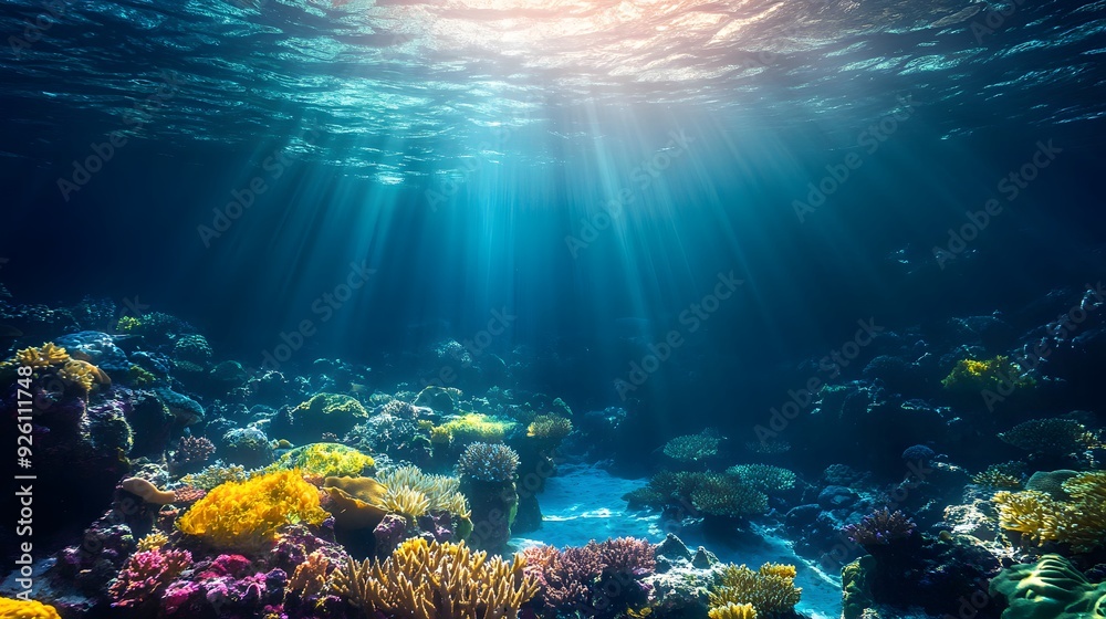 Fototapeta premium 3. A serene underwater scene featuring a coral reef with vibrant marine life and sunlight filtering through the water