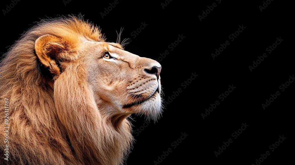 Majestic lion in profile against a black background, showcasing its powerful features and regal mane. Majestic lion in profile against a black background, showcasing its powerful features and regal mane.