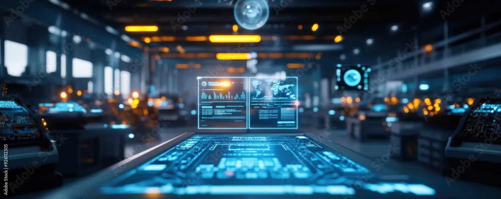 Obraz premium An advanced aerospace factory floor features holographic interfaces displaying economic indicators.