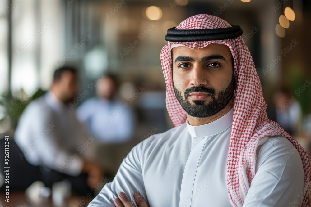 Emirati Arab at office wearing Kandura looking at front ideal for Middle East business concept with generative ai Emirati Arab at office wearing Kandura looking at front ideal for Middle East business concept with generative ai