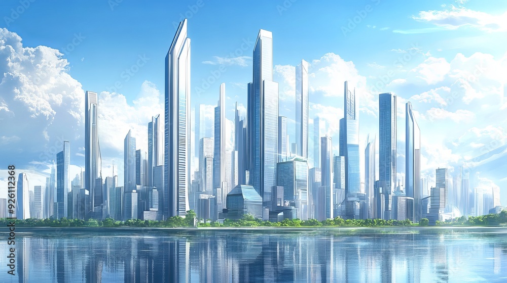 A contemporary cityscape background featuring modern commercial and office buildings, set against a blue sky with a futuristic design and environment. A contemporary cityscape background featuring modern commercial and office buildings, set against a blue sky with a futuristic design and environment.