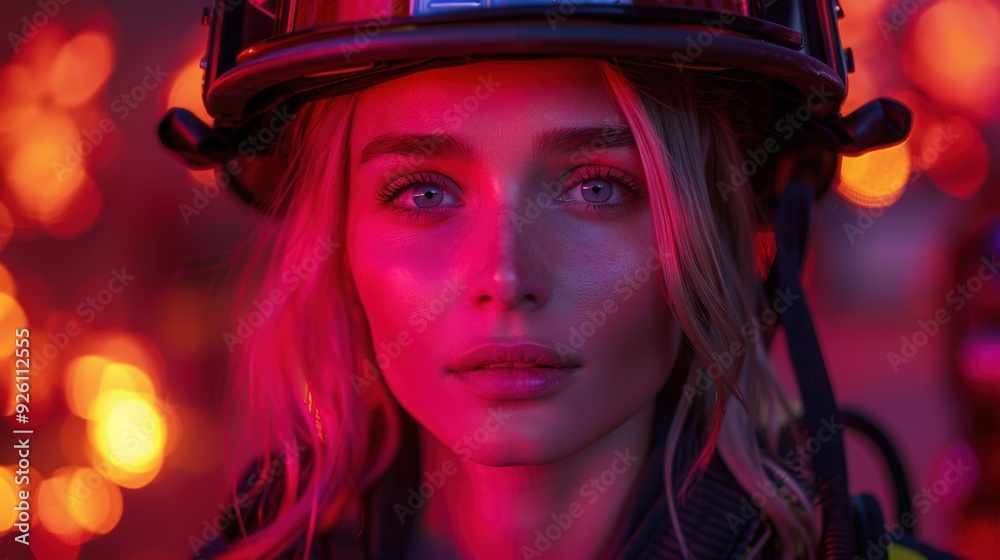 Brave firefighter stands confidently in front of bright flames during a nighttime emergency response