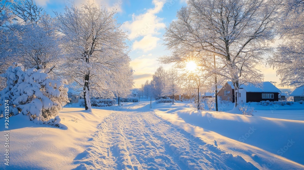 Snowy winter path leading through snow-covered trees to distant houses under a clear sky with gentle sunlight. Serene and peaceful. Snowy winter path leading through snow-covered trees to distant houses under a clear sky with gentle sunlight. Serene and peaceful.
