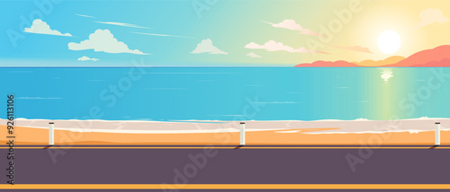 A scenic beach road with a view of the ocean during sunset. The sky is gradient with clouds, and the sun is setting near the horizon. Concept of travel and relaxation. Vector illustration