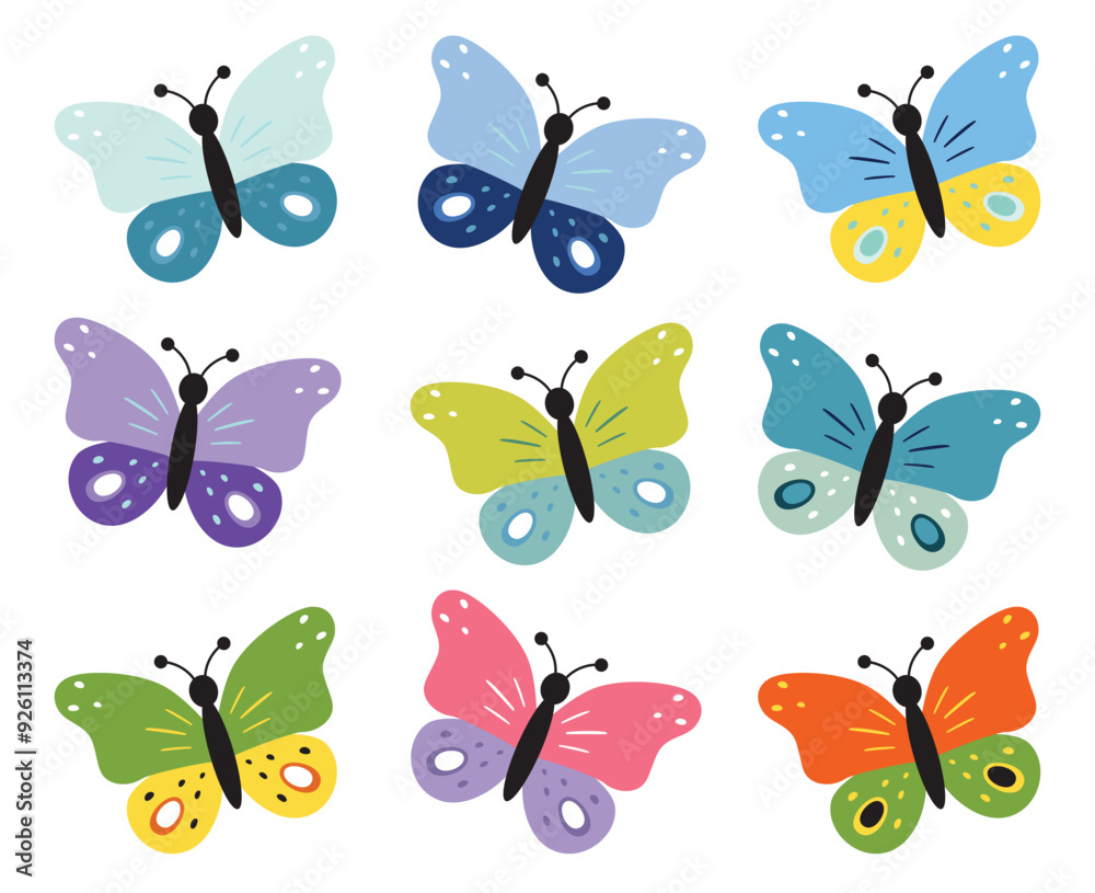 Obraz premium Butterfly collection, cute kids cartoon vector. Illustration isolated on white background. Color insect clipart. Baby shower design elements. Party invitation, birthday celebration. Spring, summer art