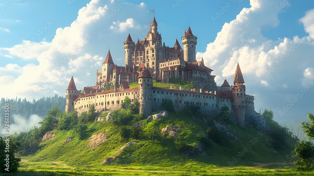 Obraz premium 6. A sprawling medieval castle set on a grassy hill, surrounded by a lush forest and a clear blue sky