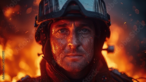 Firefighter stands resolute amidst flames, showcasing determination and bravery during an evening rescue operation