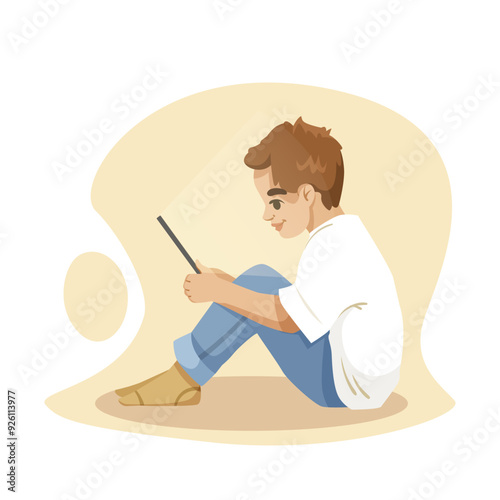 Illustration of a boy sitting on the floor and reading a tablet. The background is simple and light-colored, emphasizing the focus on the boy. Concept of technology and children. Vector illustration