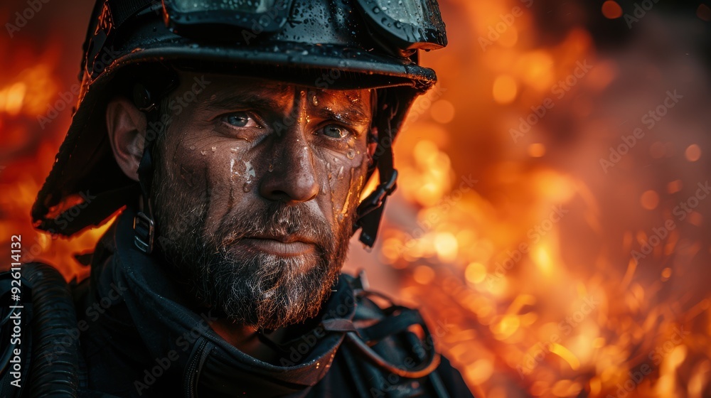 Obraz premium Firefighter battling flames in a dramatic blaze at sunset