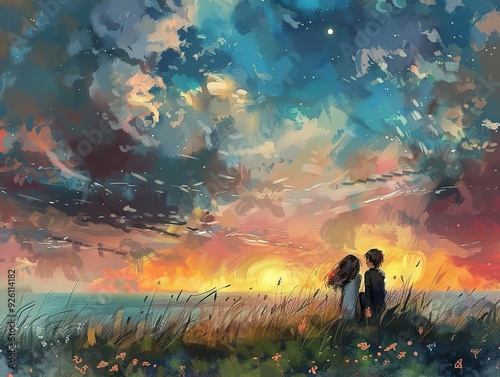 Couple on the meadow at sunset