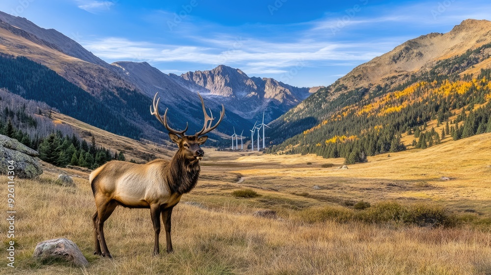 An elk with striking antlers stands tall on the highlands of National Park, illuminated by golden hour light and framed by distant mountains and wind turbines An elk with striking antlers stands tall on the highlands of National Park, illuminated by golden hour light and framed by distant mountains and wind turbines