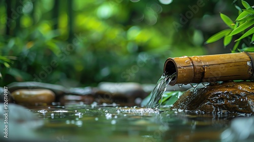 Bamboo water feature with water flowing into a tranquil pond, surrounded by lush greenery with bokeh lighting, more clarity with clear light and sharp focus, super detailed